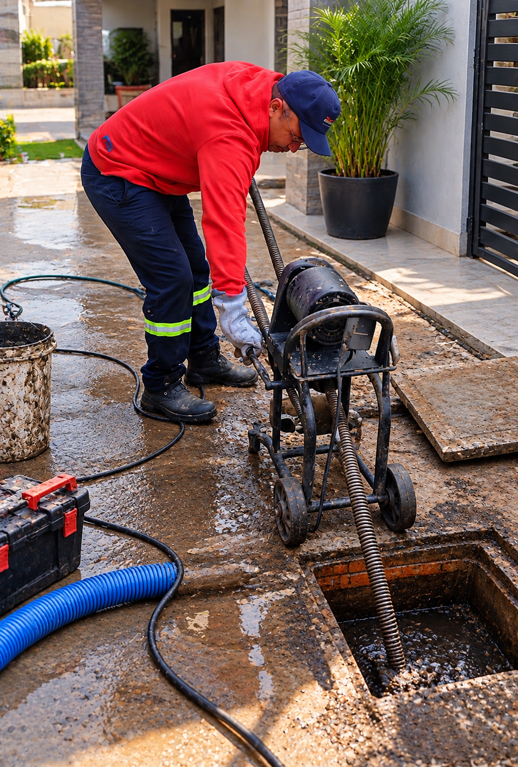Profissional operando equipamento de desentupimento em área residencial externa