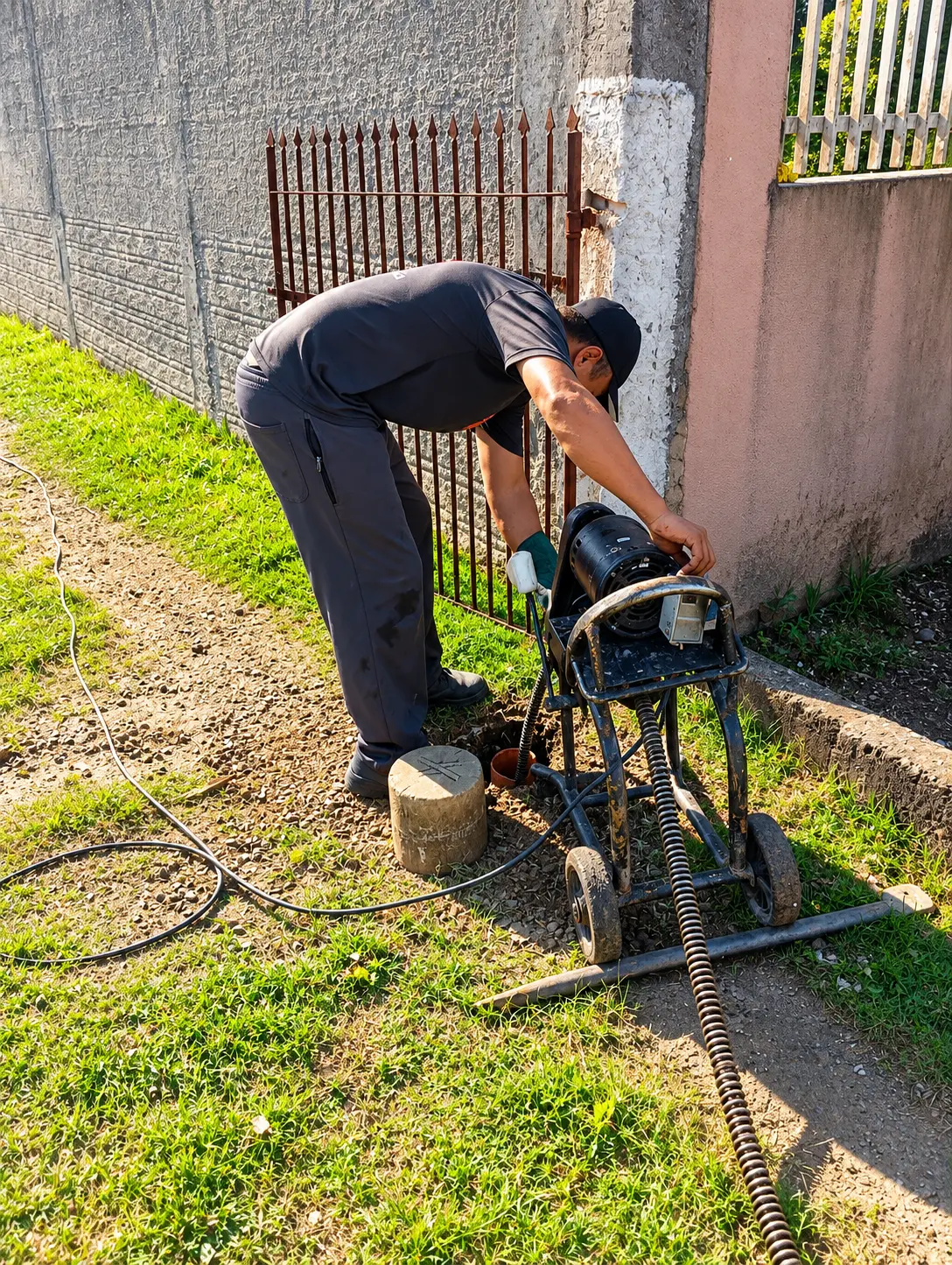 Profissional utilizando máquina de desentupimento em área externa